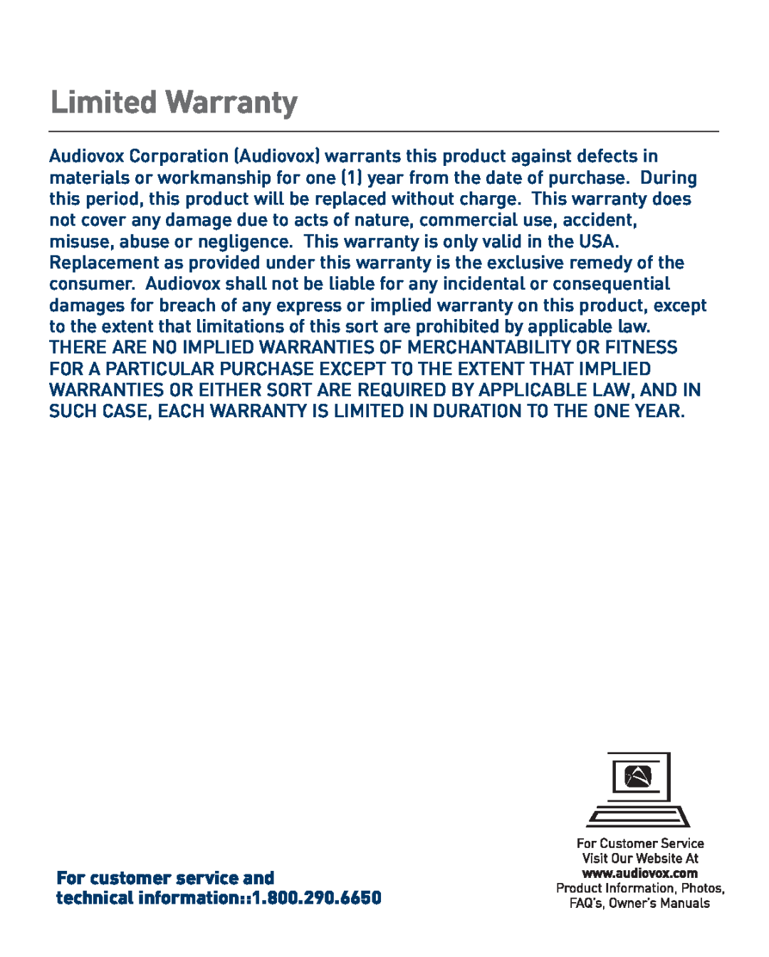 Audiovox VR-1 owner manual Limited Warranty, For customer service and technical information1.800.290.6650 