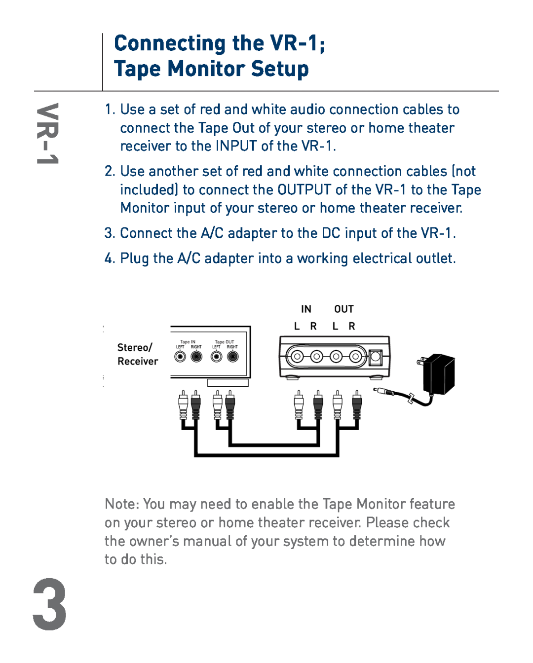 Audiovox owner manual Connecting the VR-1 Tape Monitor Setup 