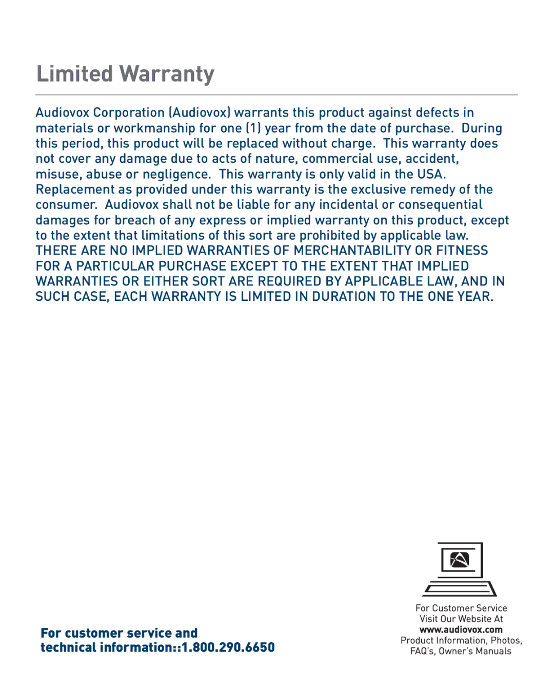 Audiovox VR-1 owner manual Limited Warranty 