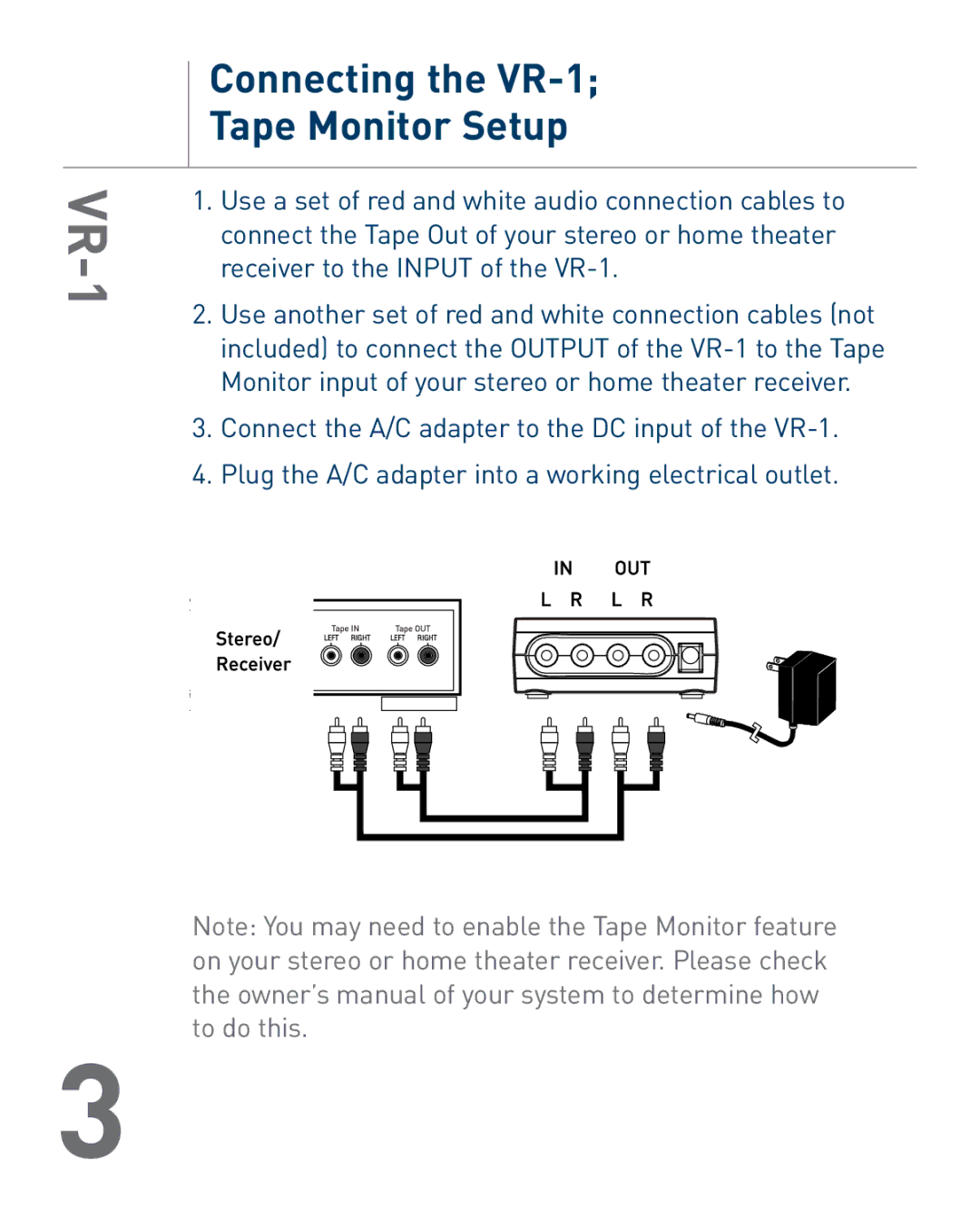 Audiovox owner manual Connecting the VR-1 Tape Monitor Setup 