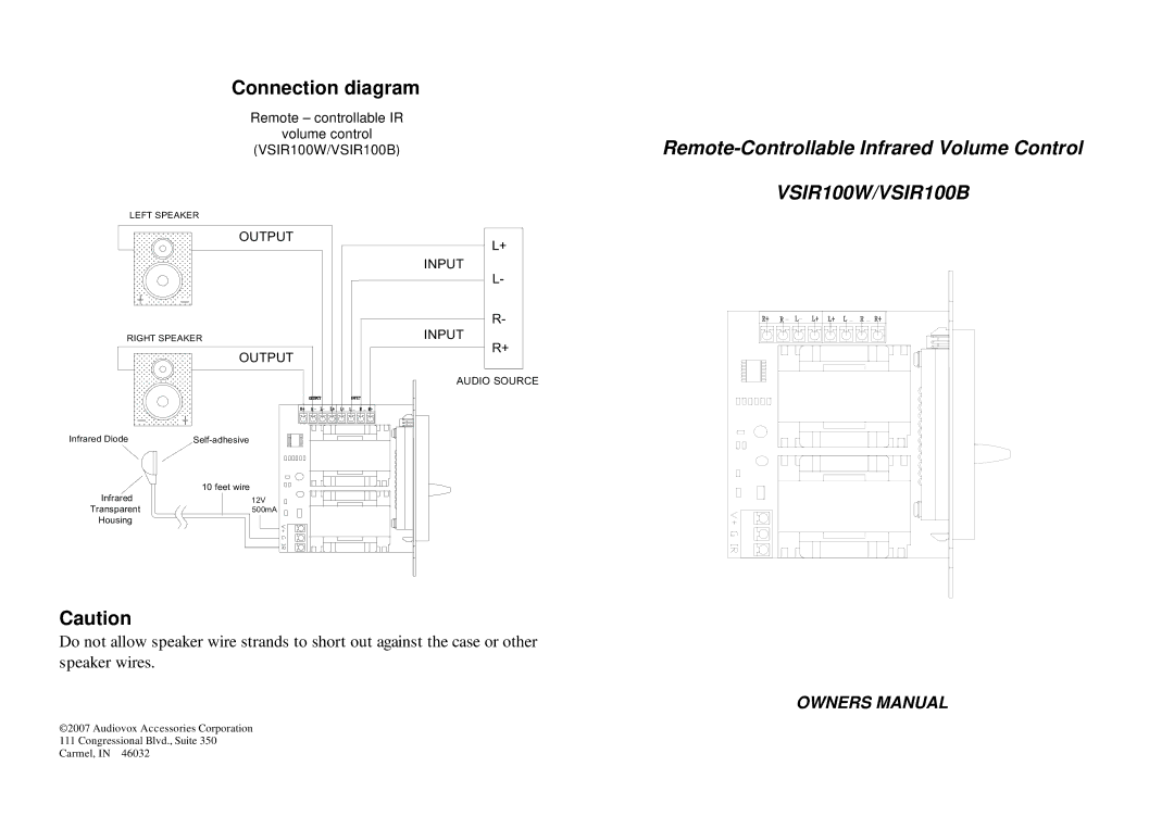 Audiovox VSIR100W/B manual Connection diagram, VSIR100W/VSIR100B 