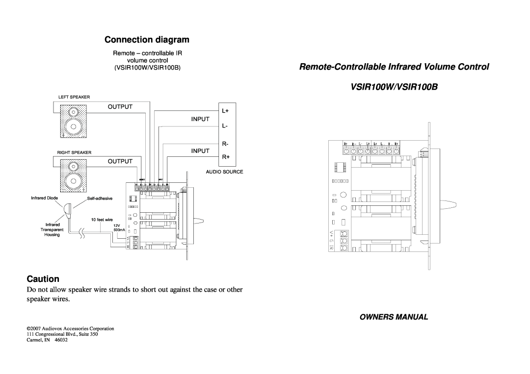 Audiovox VSIR100W/B Connection diagram, Remote-Controllable Infrared Volume Control VSIR100W/VSIR100B, Output, Carmel, IN 
