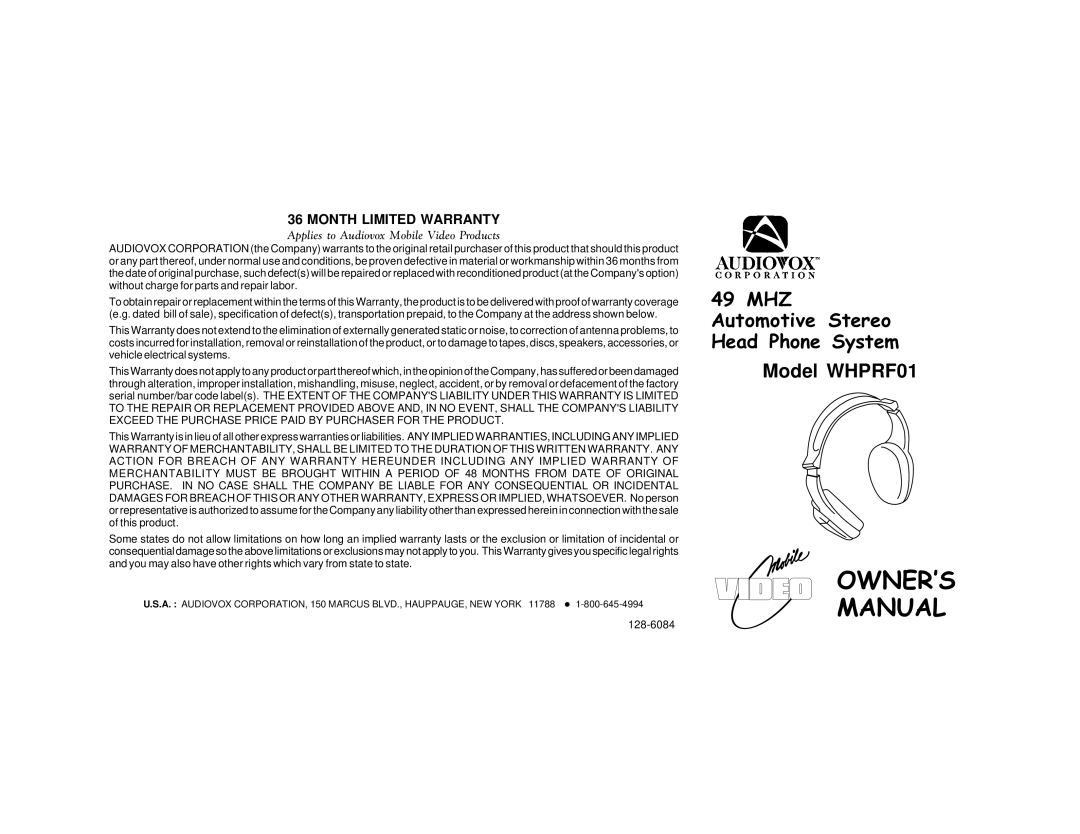 Audiovox WHPRF 01 warranty OWNER’S Manual, Month Limited Warranty, Applies to Audiovox Mobile Video Products 