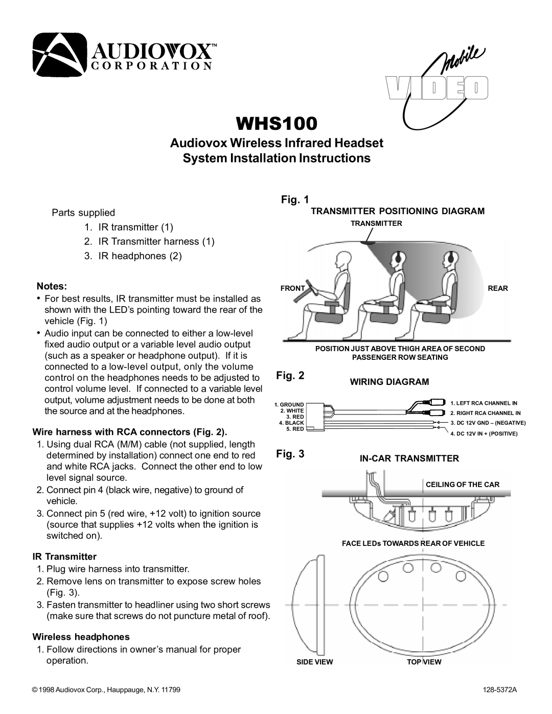 Audiovox WHS100 installation instructions 