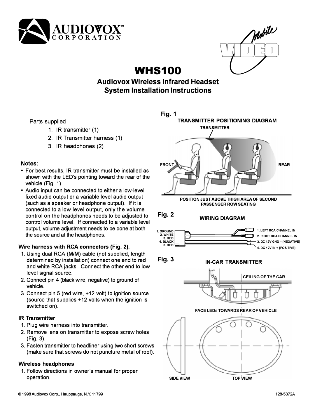 Audiovox WHS100 installation instructions Audiovox Wireless Infrared Headset, System Installation Instructions 