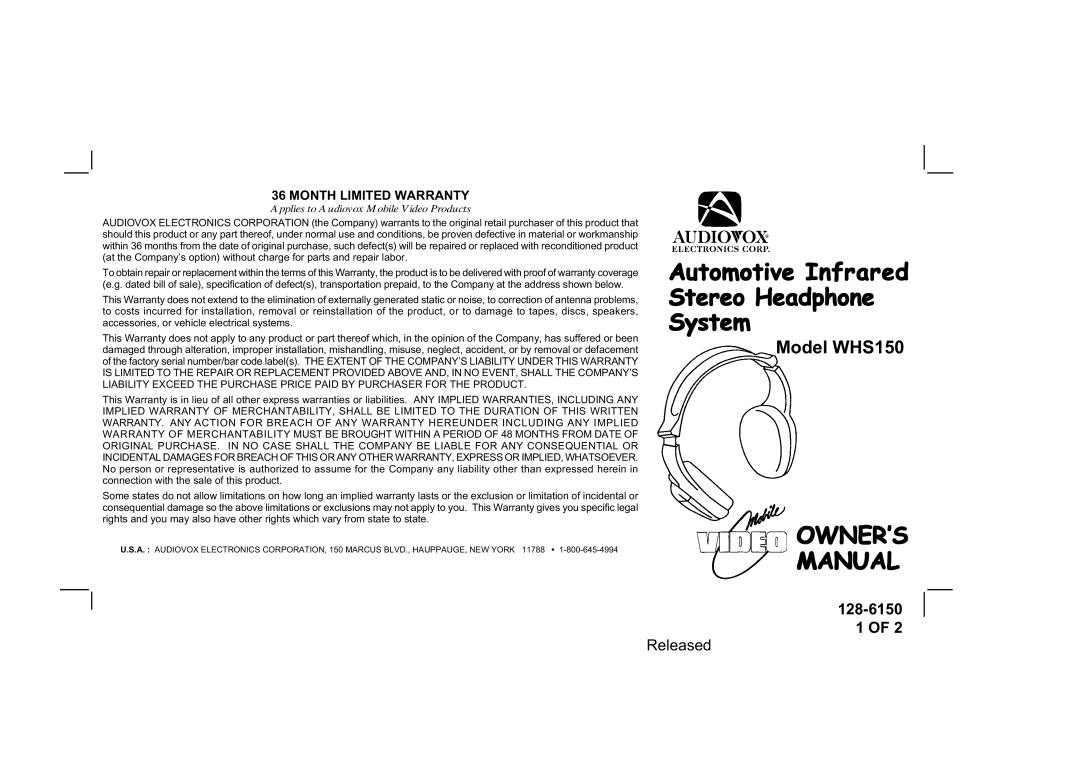 Audiovox WHS150 owner manual OWNER’S Manual, 128-6150, Released, Month Limited Warranty 