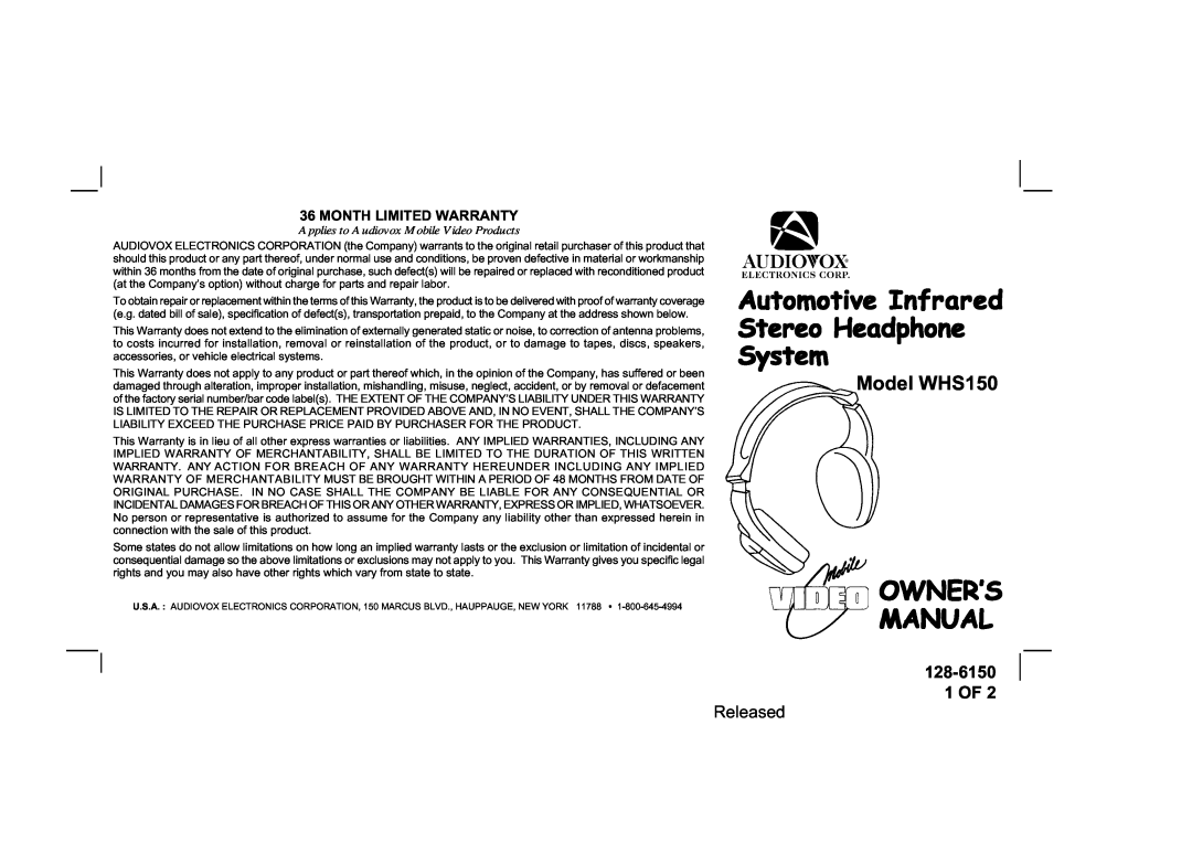 Audiovox WHS150 owner manual 128-6150 1 OF, Month Limited Warranty, Automotive Infrared Stereo Headphone System, Released 