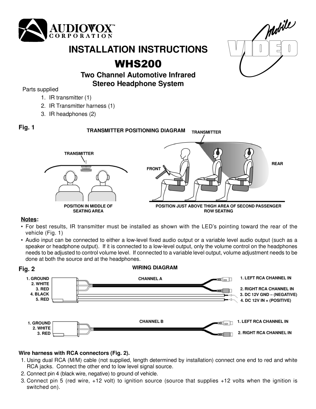 Audiovox WHS200 installation instructions Two Channel Automotive Infrared Stereo Headphone System, Wiring Diagram 