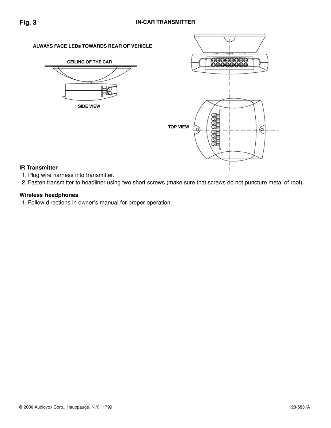 Audiovox WHS200 installation instructions IR Transmitter, Wireless headphones, IN-CAR Transmitter 