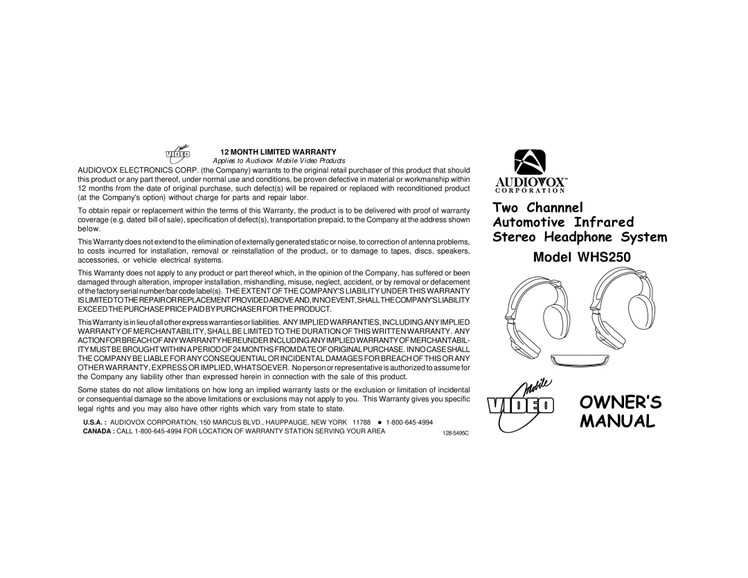 Audiovox WHS250 warranty OWNER’S Manual, Month Limited Warranty, Applies to Audiovox Mobile Video Products 