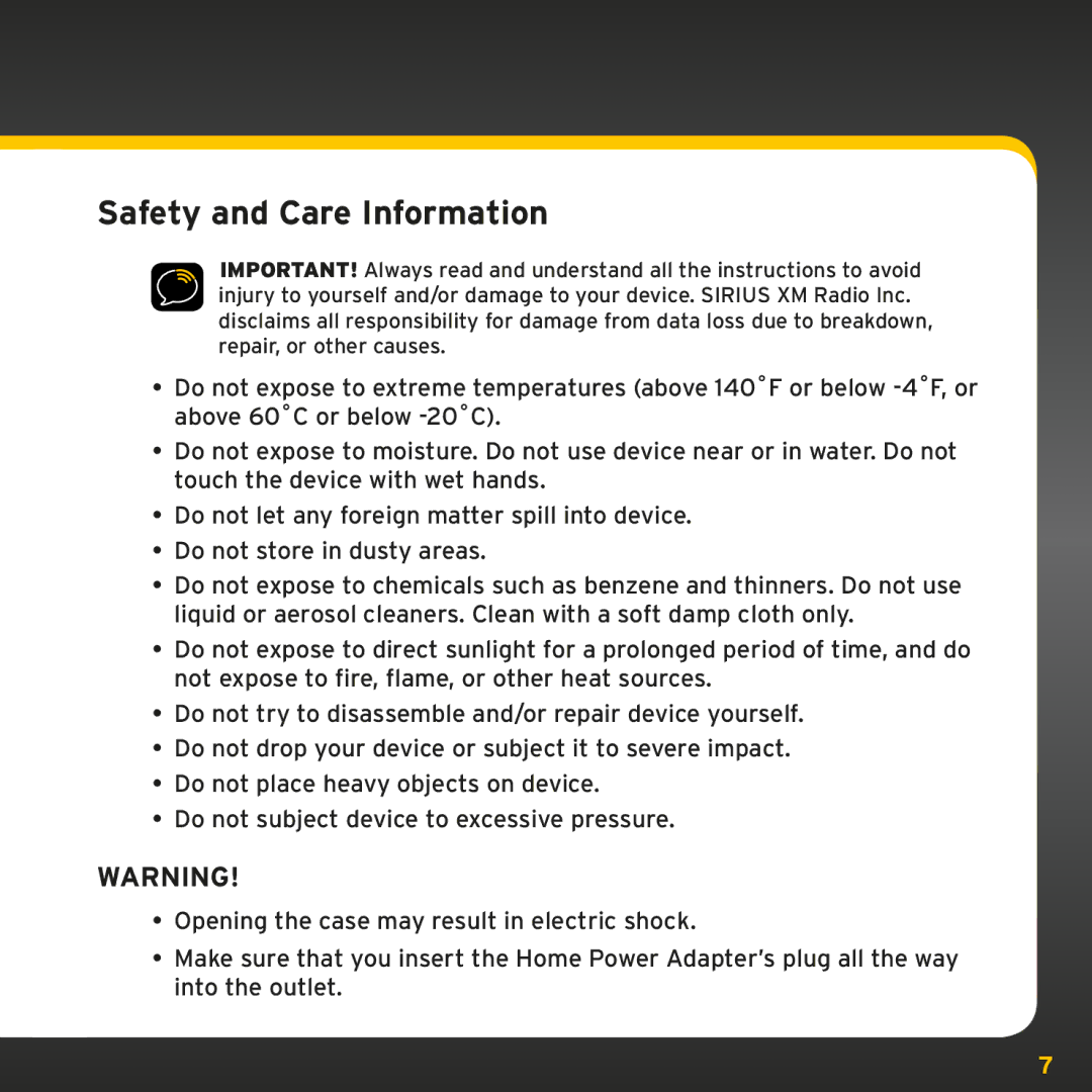 Audiovox XMp3i, XAPH1 manual Safety and Care Information 