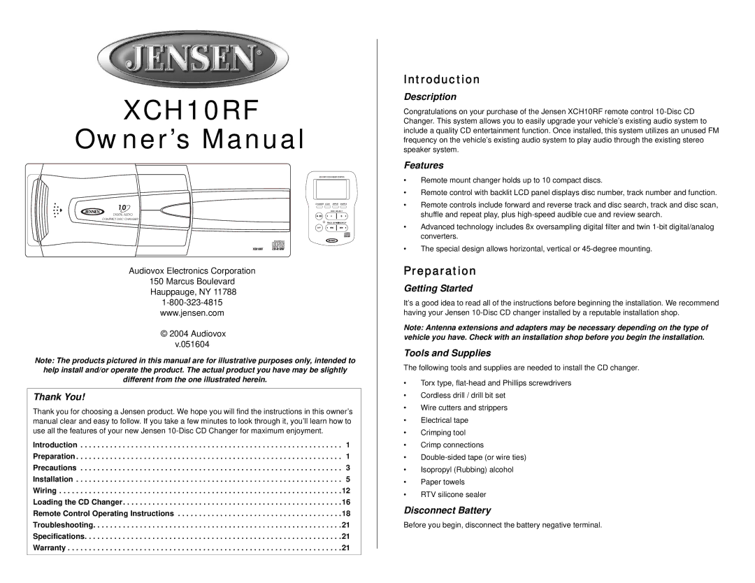 Audiovox XCH10RF owner manual Introduction, Preparation 