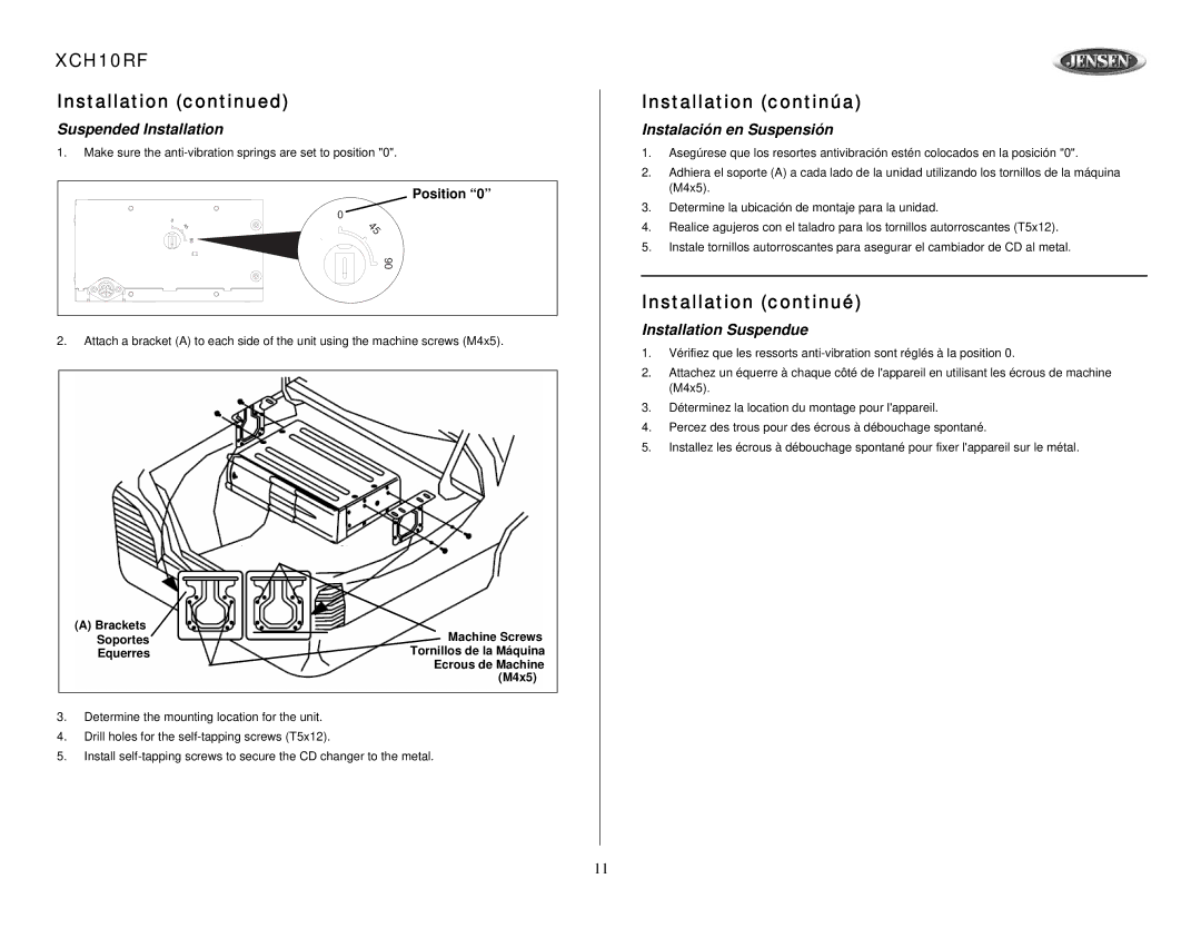 Audiovox XCH10RF owner manual Suspended Installation, Instalación en Suspensión, Installation Suspendue 