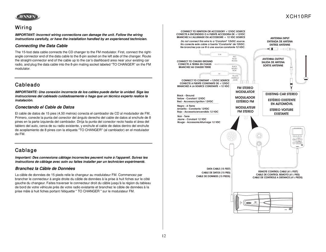 Audiovox XCH10RF owner manual Wiring, Cableado, Cablage 