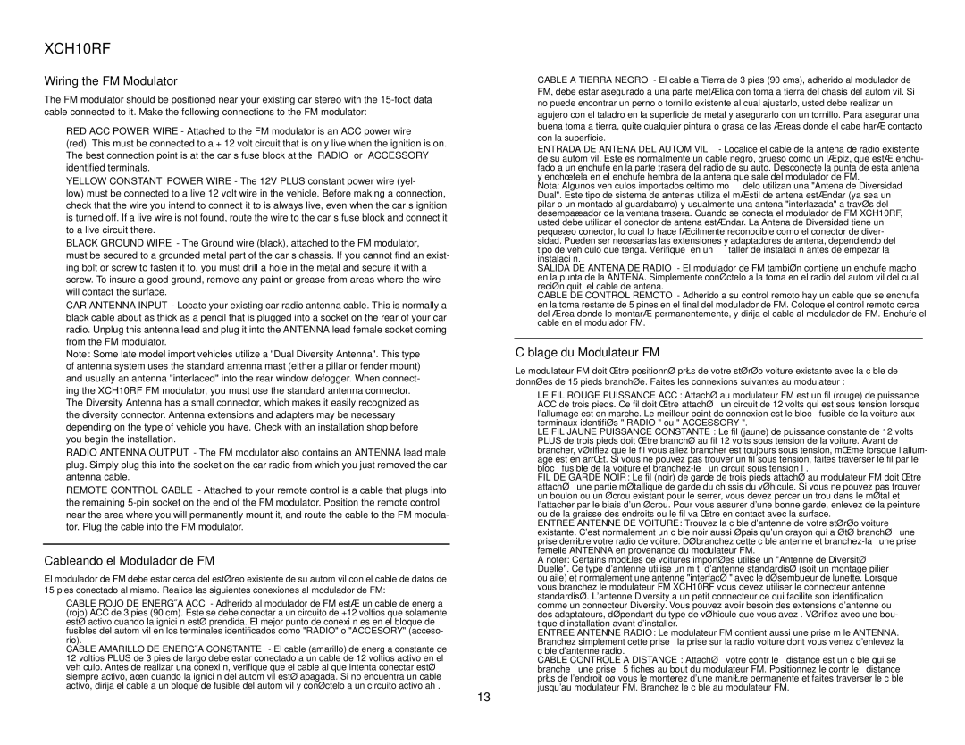 Audiovox XCH10RF owner manual Wiring the FM Modulator, Cableando el Modulador de FM, Câblage du Modulateur FM 