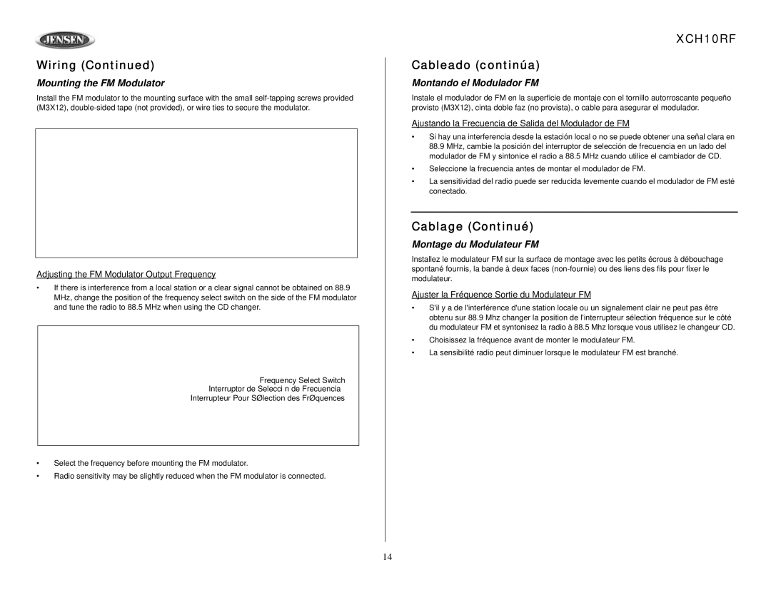 Audiovox XCH10RF owner manual Cableado continúa, Cablage Continué, Mounting the FM Modulator, Montando el Modulador FM 