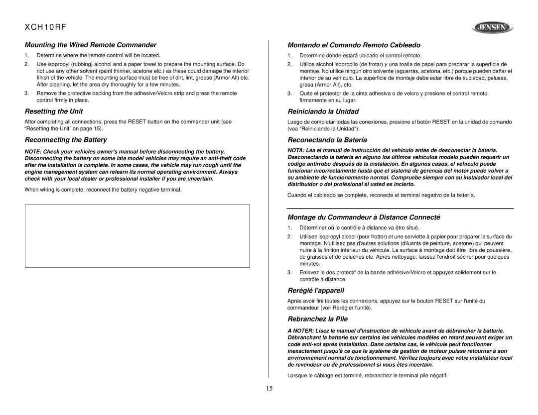 Audiovox XCH10RF Mounting the Wired Remote Commander, Resetting the Unit, Reconnecting the Battery, Reiniciando la Unidad 
