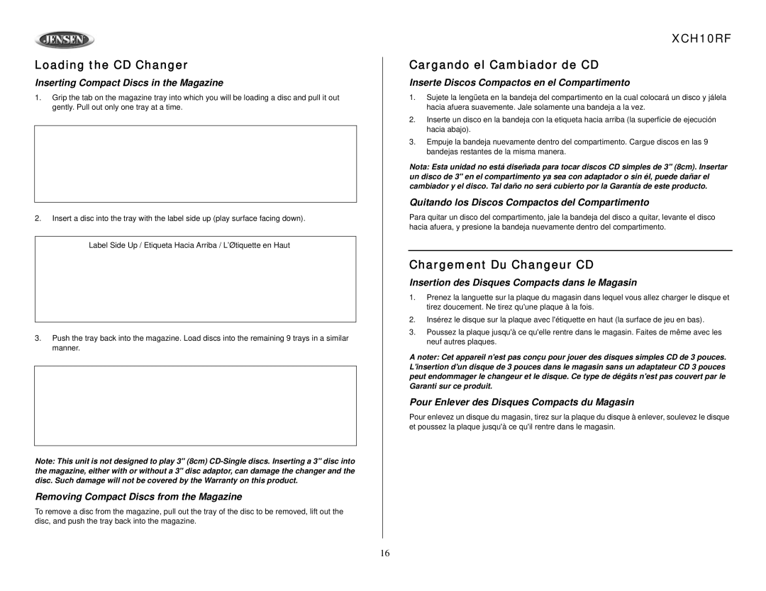 Audiovox XCH10RF owner manual Loading the CD Changer, Cargando el Cambiador de CD, Chargement Du Changeur CD 