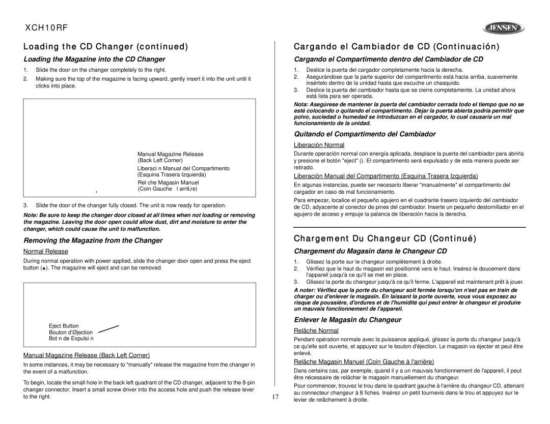 Audiovox XCH10RF owner manual Cargando el Cambiador de CD Continuación, Chargement Du Changeur CD Continué 