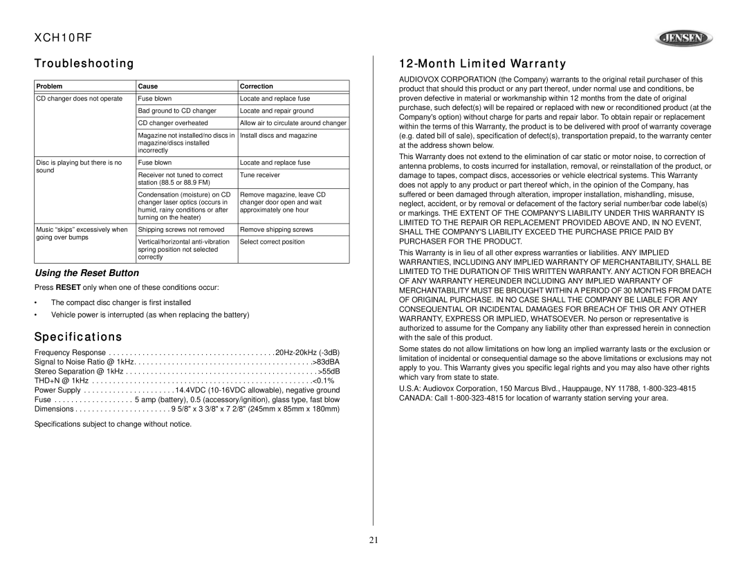 Audiovox XCH10RF owner manual Troubleshooting, Specifications, Month Limited Warranty, Using the Reset Button 