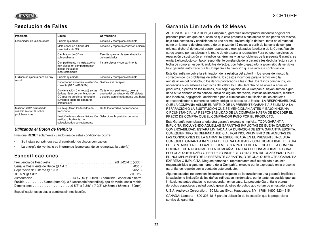 Audiovox XCH10RF Resolución de Fallas, Especificaciones, Garantia Limitade de 12 Meses, Utilizando el Botón de Reinicio 