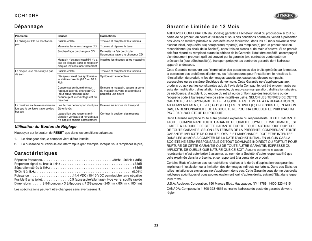 Audiovox XCH10RF owner manual Dépannage, Caractéristiques, Garantie Limitée de 12 Mois, Utilisation du Bouton de Réglage 