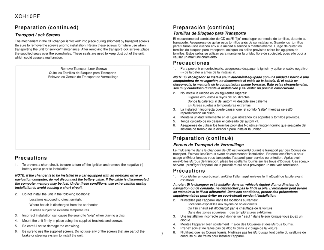 Audiovox XCH10RF Preparation Preparación continúa, Precauciones, Préparation continué, Precautions, Précautions 