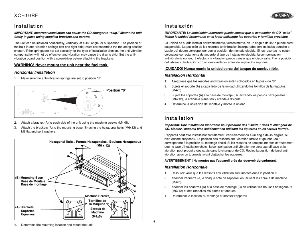 Audiovox XCH10RF owner manual Horizontal Installation, Instalación Horizontal, Installation Horizontale 