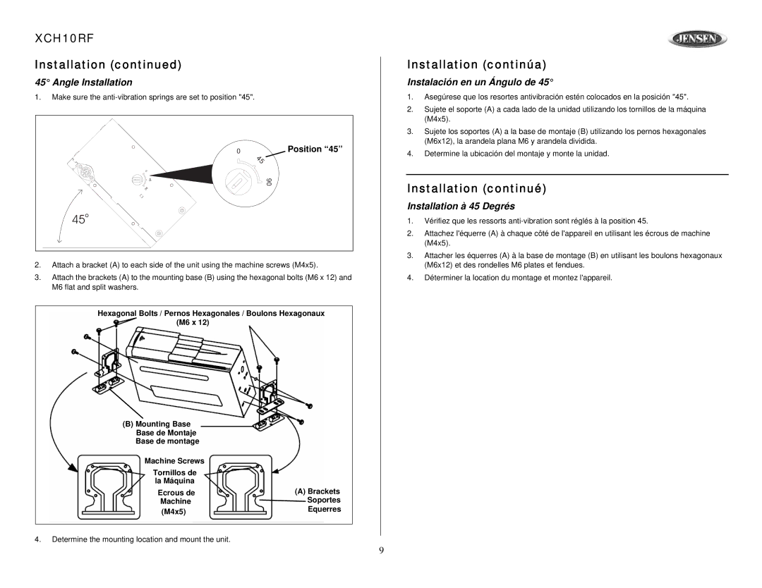 Audiovox XCH10RF owner manual Angle Installation, Instalación en un Ángulo de, Installation à 45 Degrés 