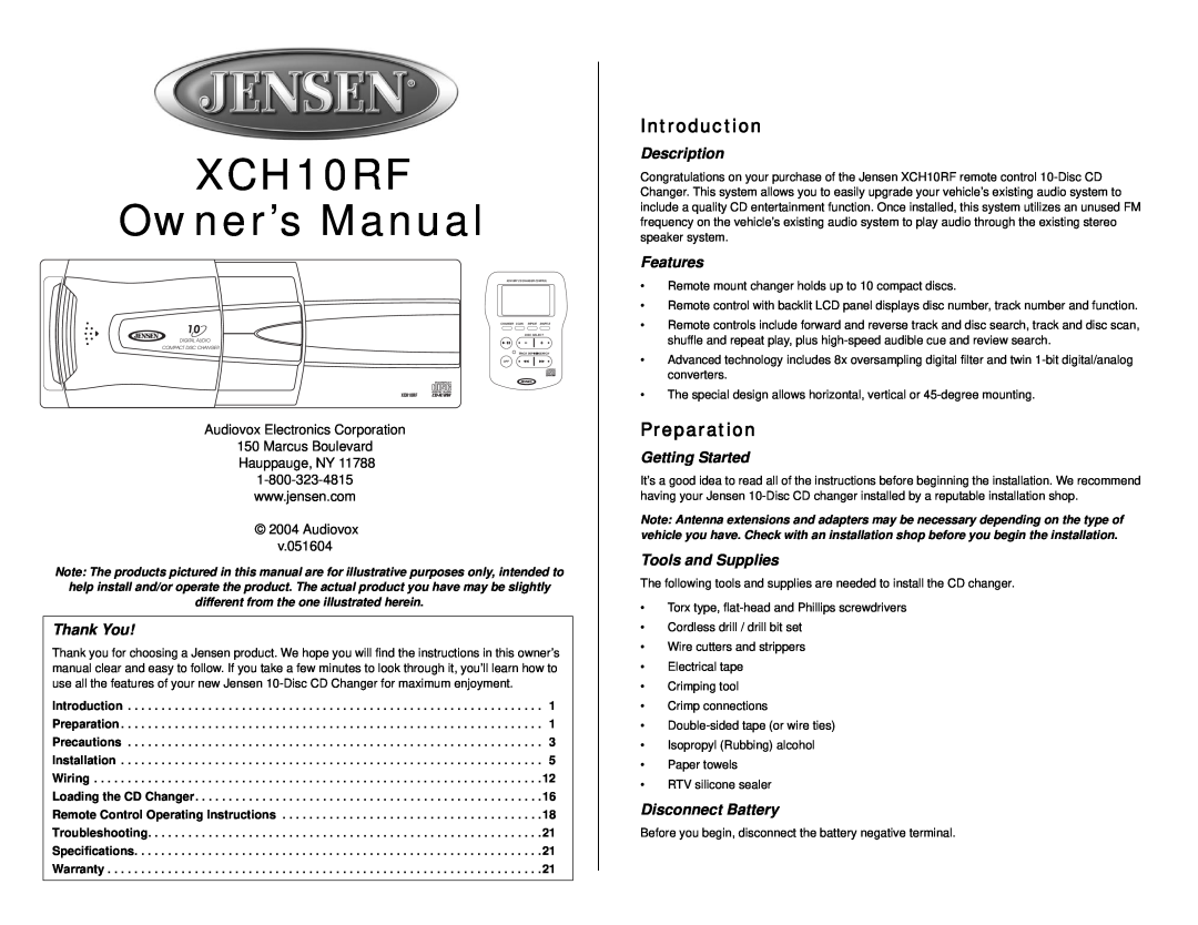 Audiovox XCH10RF owner manual Introduction, Preparation, Thank You, Description, Features, Getting Started 