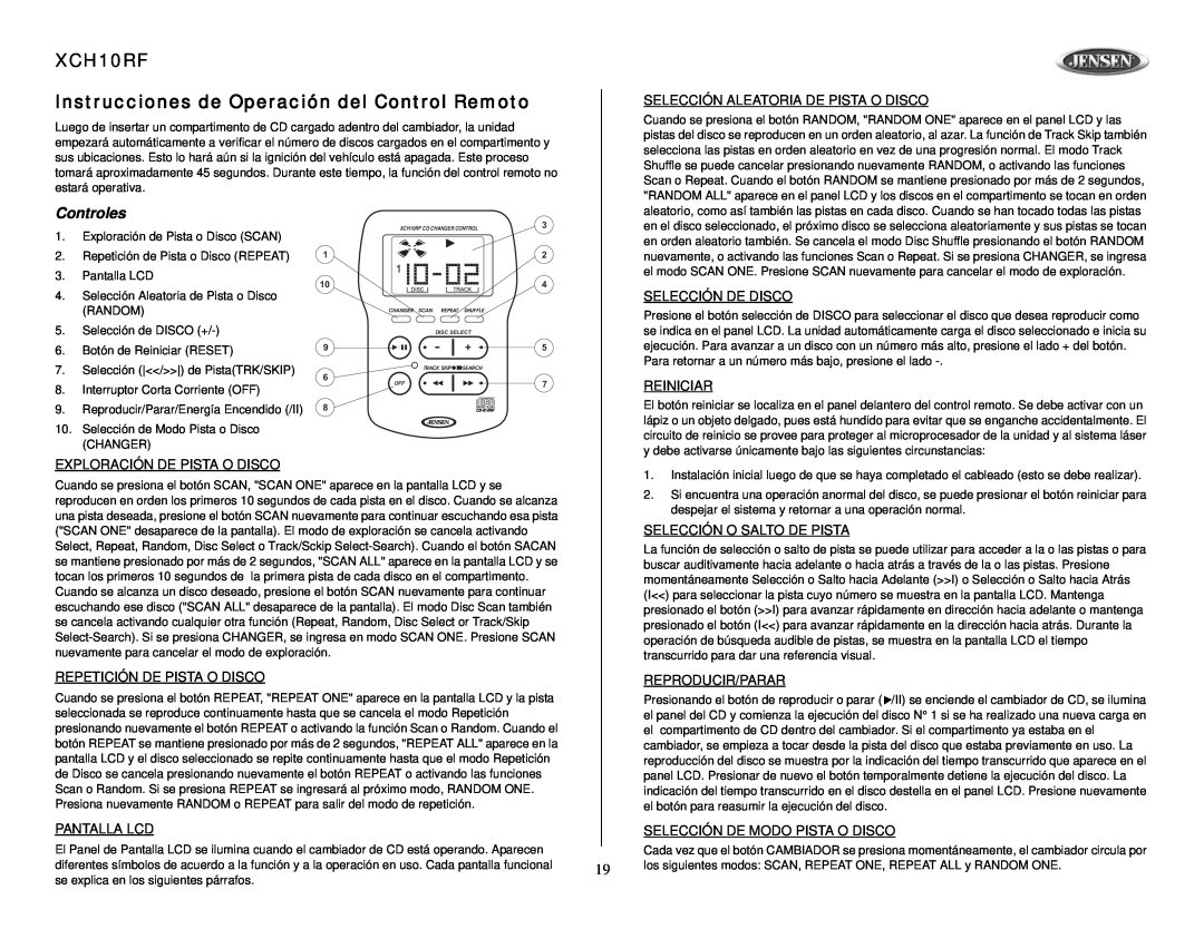 Audiovox XCH10RF Instrucciones de Operación del Control Remoto, Controles, Selección Aleatoria De Pista O Disco, Reiniciar 