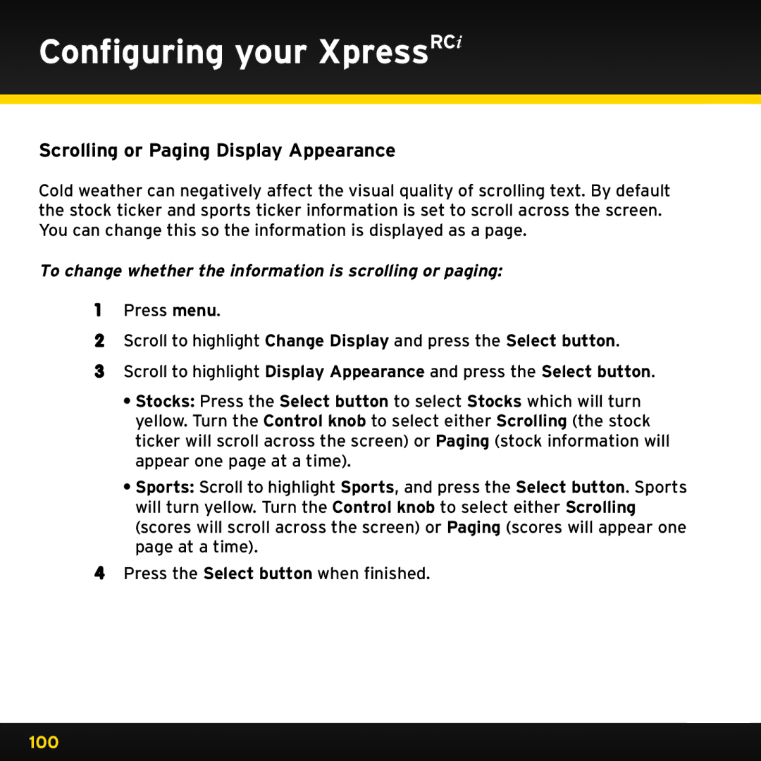 Audiovox XDRC2UG, XDRC2V1 Scrolling or Paging Display Appearance, To change whether the information is scrolling or paging 