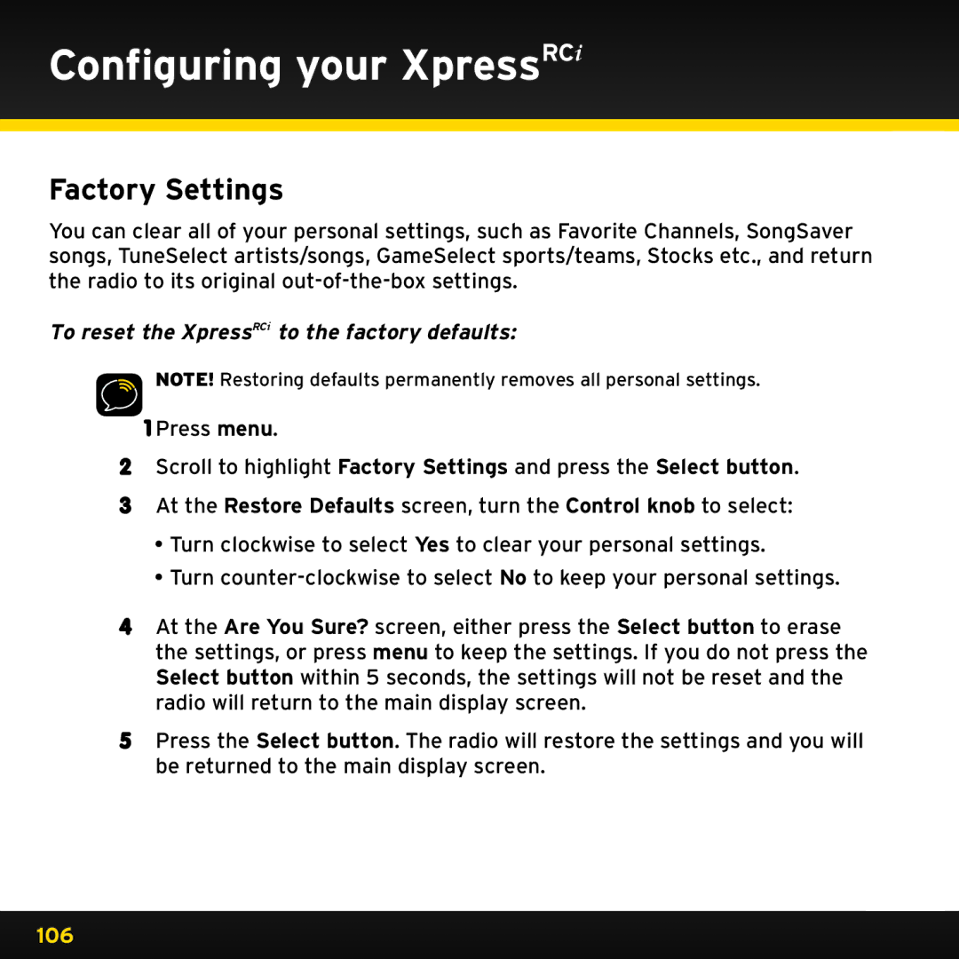 Audiovox XDRC2UG, XDRC2V1 manual Factory Settings, To reset the XpressRCi to the factory defaults 