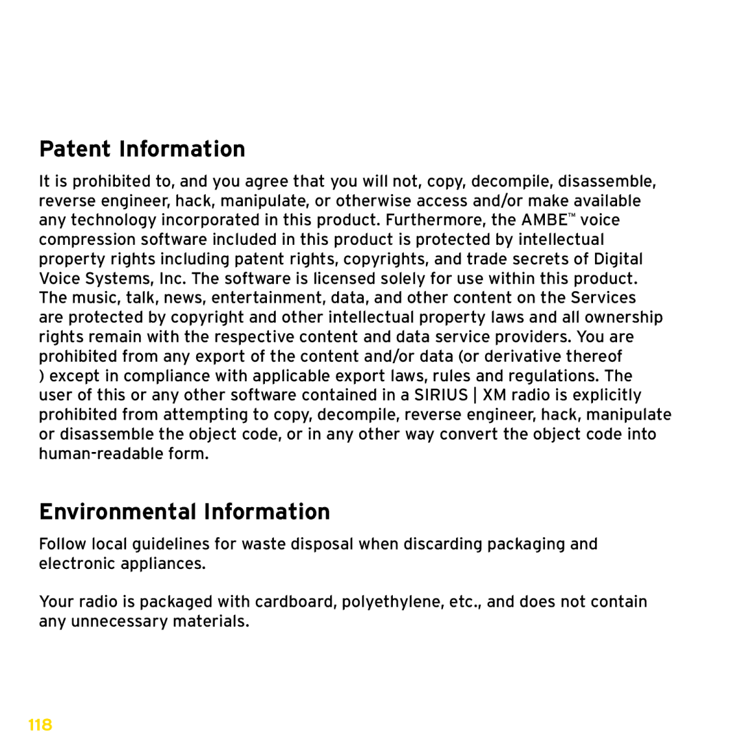 Audiovox XDRC2UG, XDRC2V1 manual Patent and Environmental Information, Patent Information 