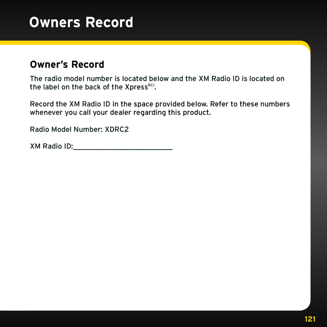 Audiovox XDRC2UG, XDRC2V1 manual Owners Record, Owner’s Record 