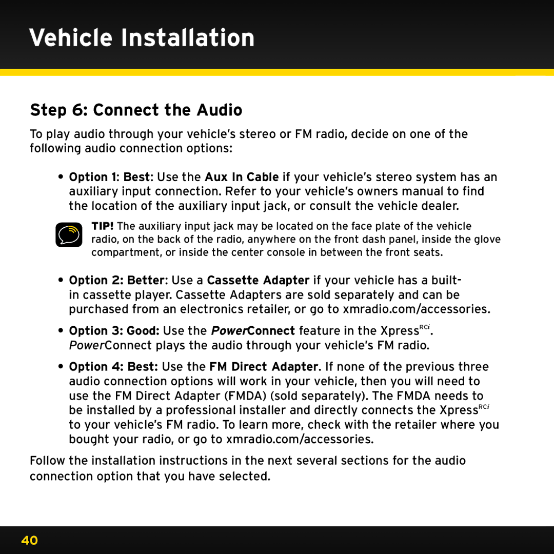 Audiovox XDRC2UG, XDRC2V1 manual Connect the Audio 