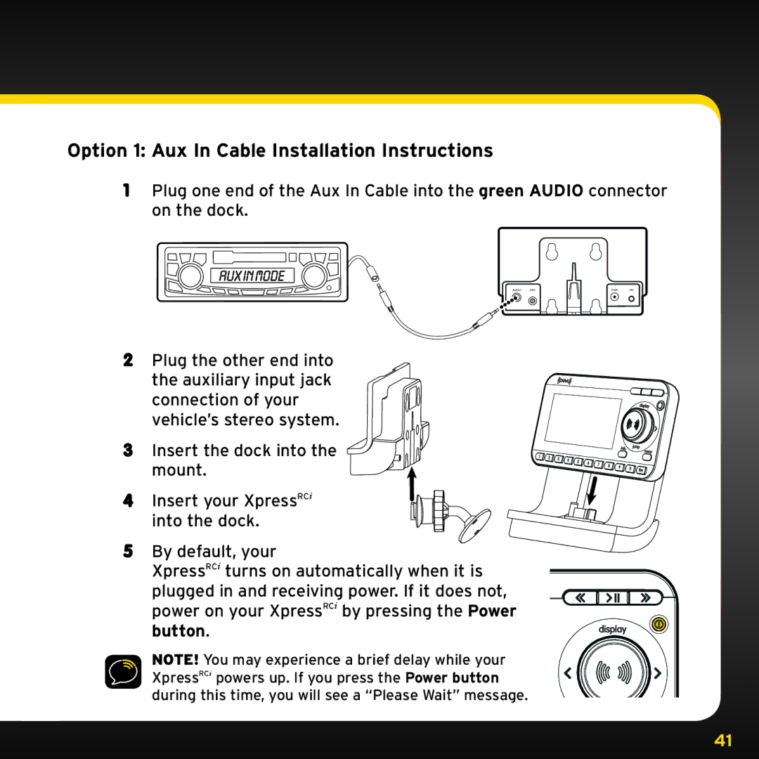 Audiovox XDRC2V1, XDRC2UG manual Option 1 Aux In Cable Installation Instructions 