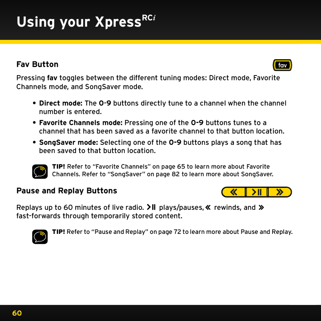 Audiovox XDRC2V1, XDRC2UG manual Fav Button, Pause and Replay Buttons 