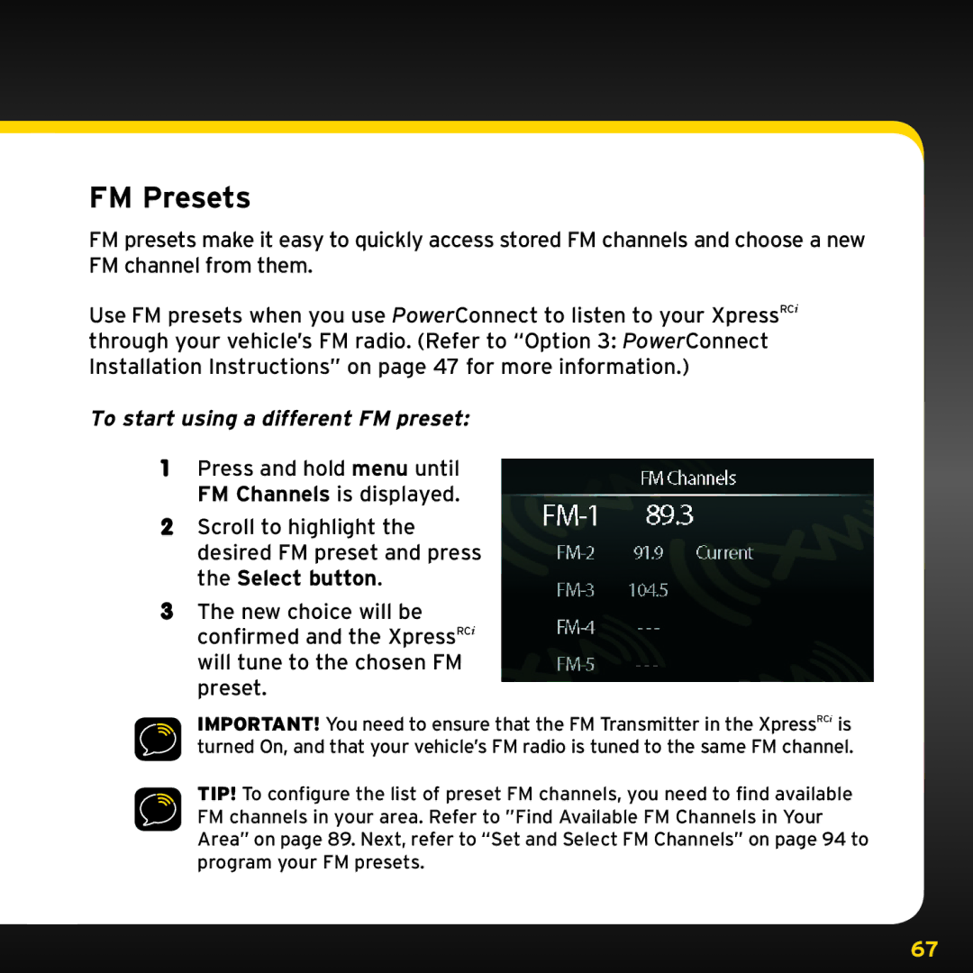 Audiovox XDRC2UG, XDRC2V1 manual FM Presets, To start using a different FM preset 