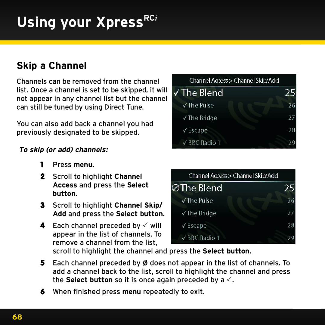 Audiovox XDRC2V1, XDRC2UG manual Skip a Channel, To skip or add channels 