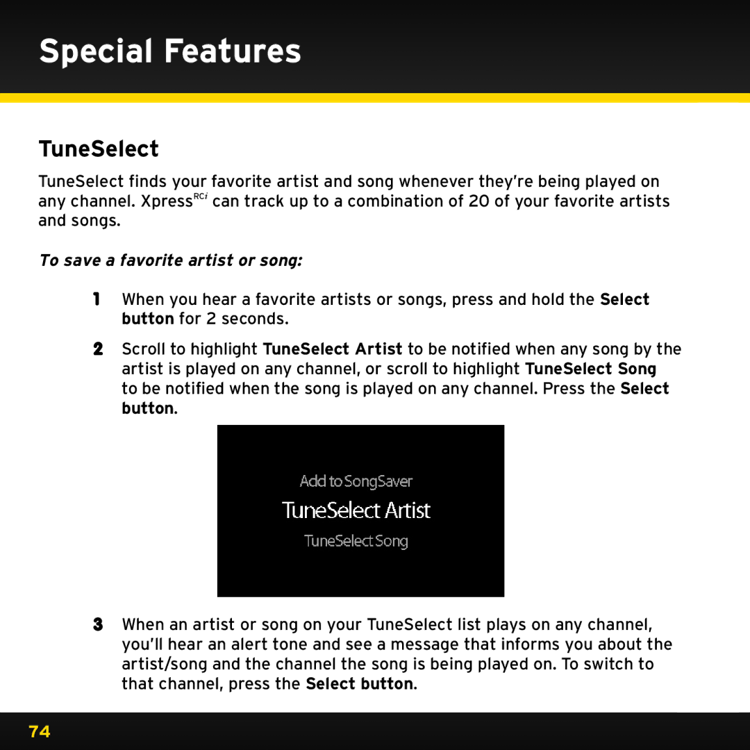 Audiovox XDRC2V1, XDRC2UG manual TuneSelect, To save a favorite artist or song 