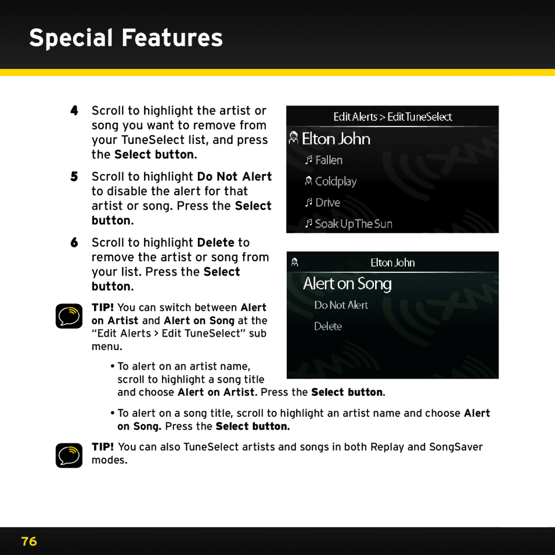 Audiovox XDRC2UG, XDRC2V1 manual To alert on an artist name, scroll to highlight a song title 