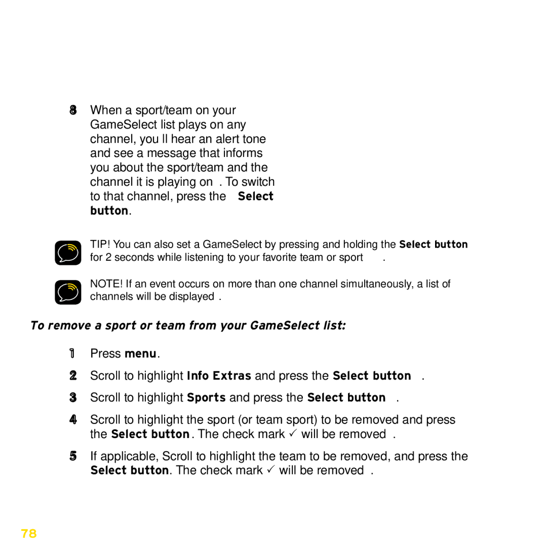 Audiovox XDRC2V1, XDRC2UG manual To remove a sport or team from your GameSelect list 