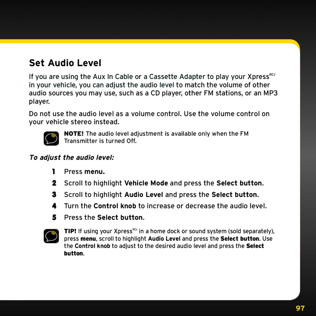 Audiovox XDRC2UG, XDRC2V1 manual Set Audio Level, To adjust the audio level 