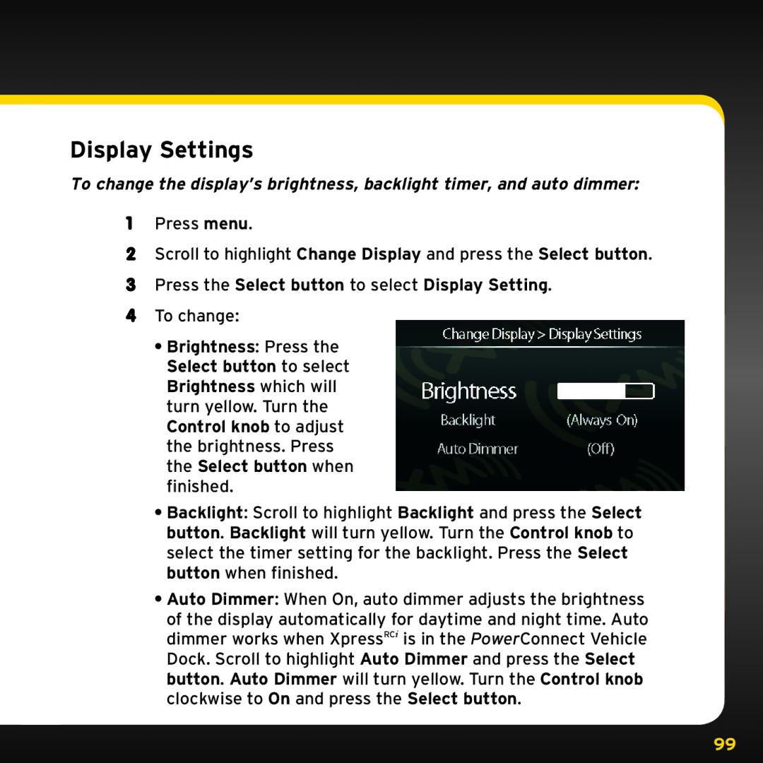 Audiovox XDRC2V1, XDRC2UG manual Display Settings, Press the Select button to select Display Setting 