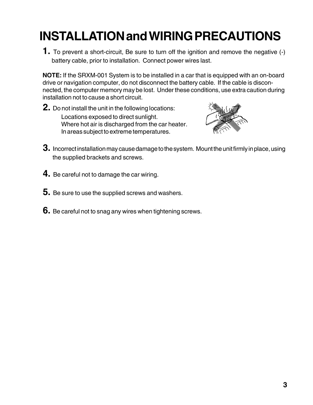 Audiovox XM-RCV installation manual Installation and Wiring Precautions 