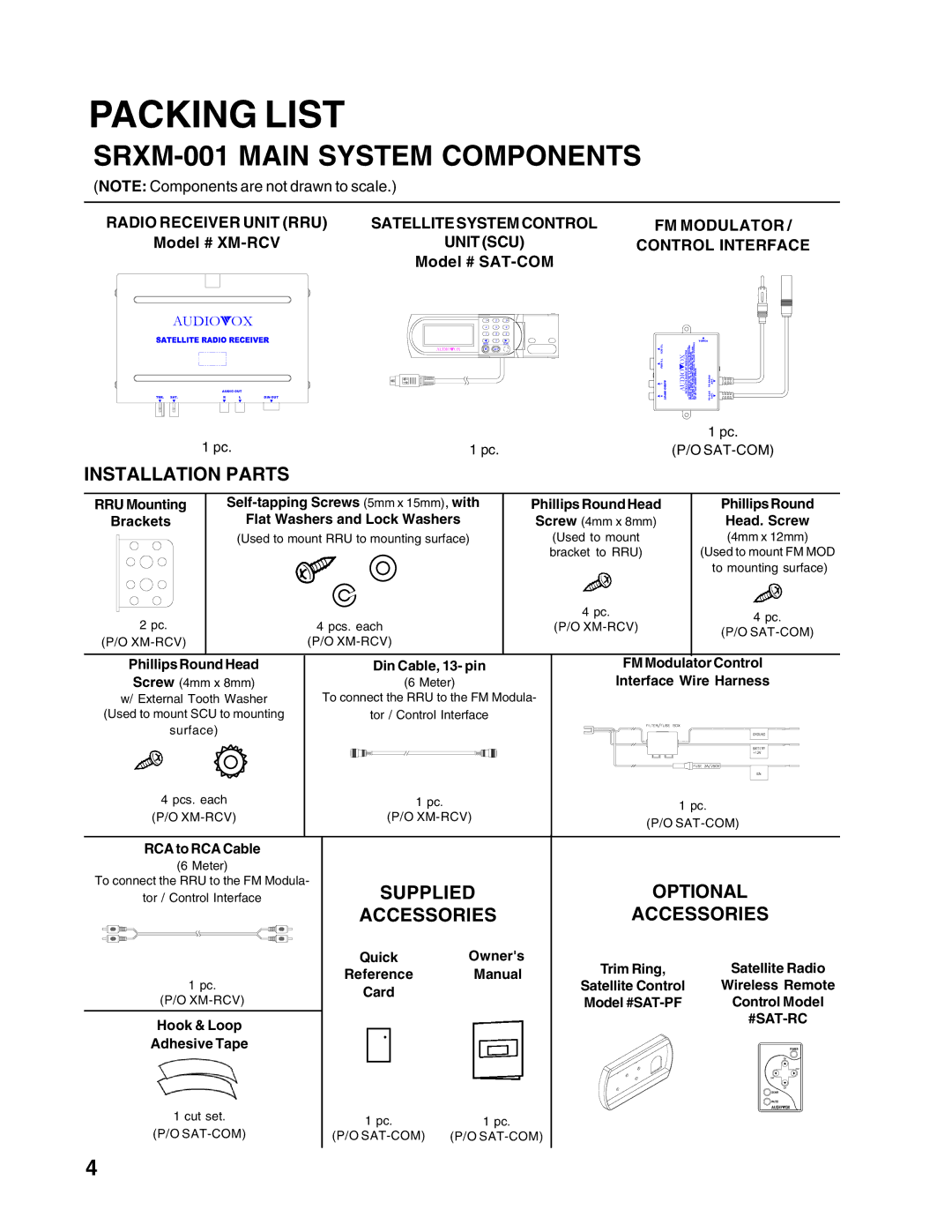 Audiovox XM-RCV installation manual Packing List, SRXM-001 Main System Components 