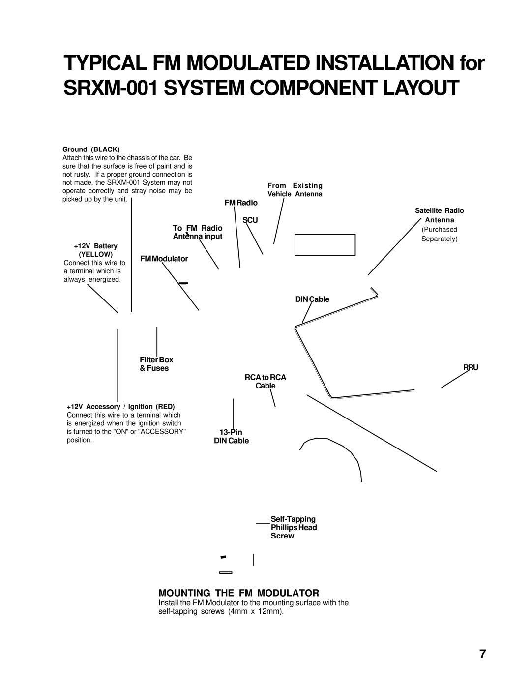 Audiovox XM-RCV installation manual SRXM-001 System Component Layout, Ground Black 