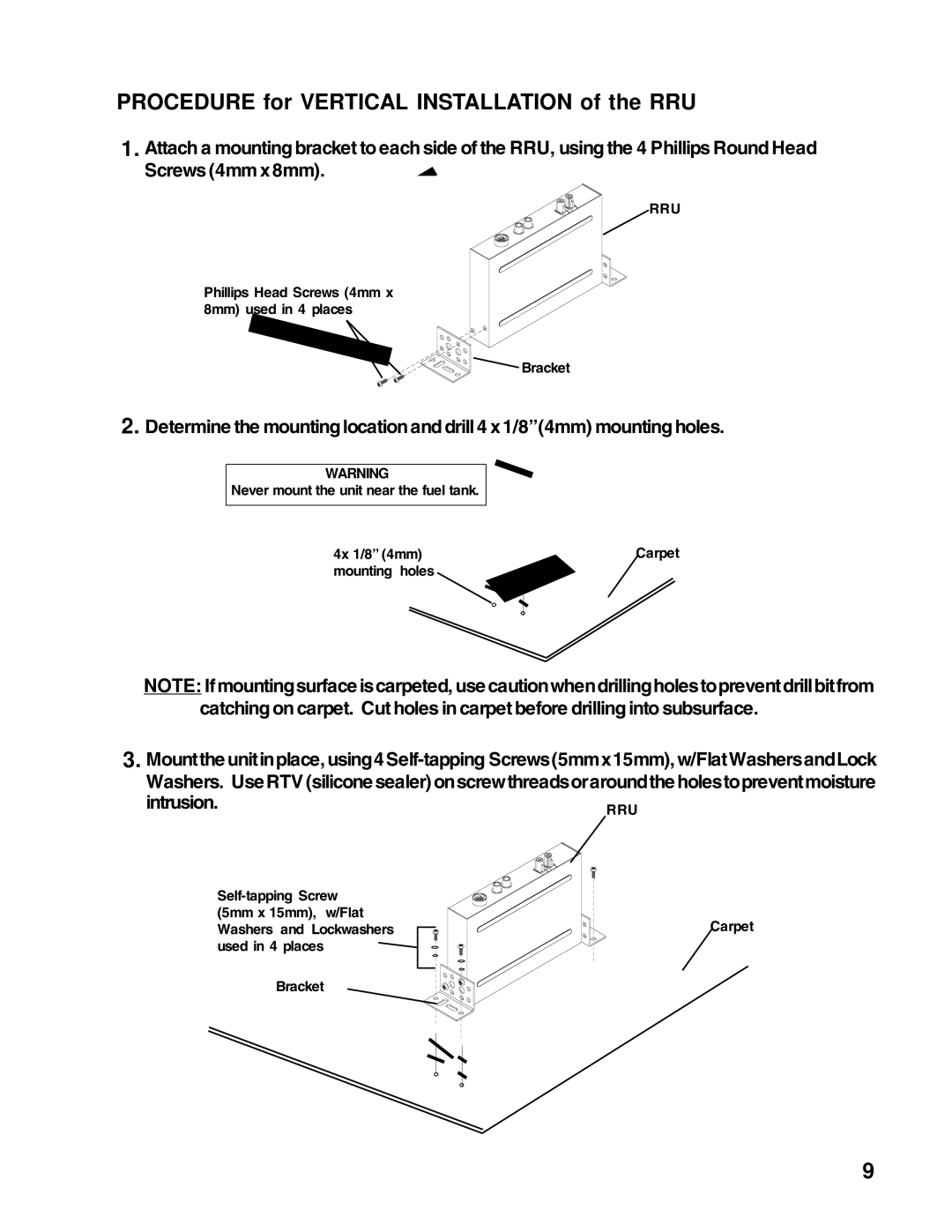 Audiovox XM-RCV installation manual Procedure for Vertical Installation of the RRU 