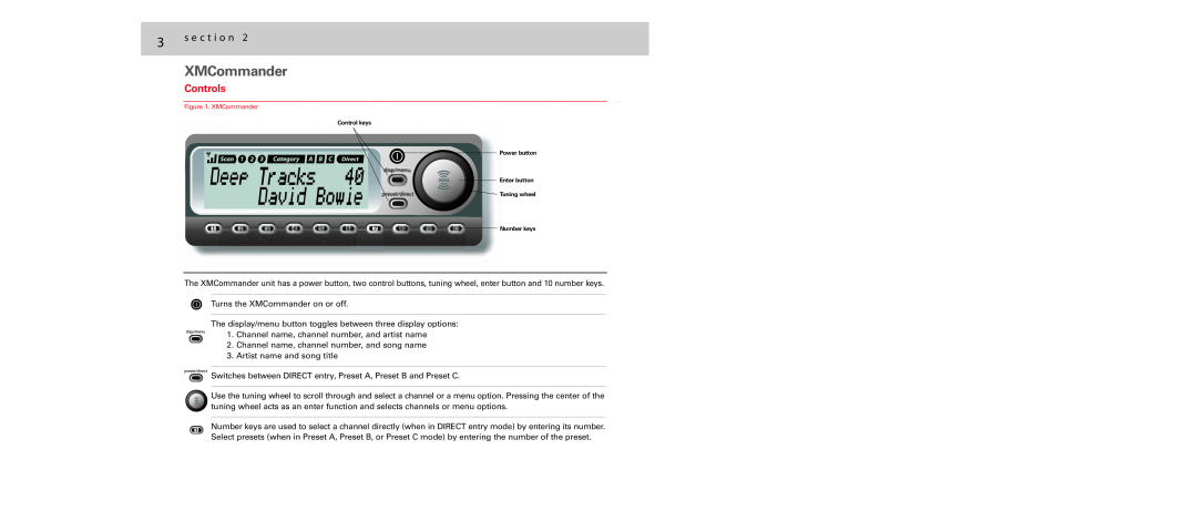 Audiovox XM-RVR-FM-001C user manual XMCommander, Controls, s e c t i o n 